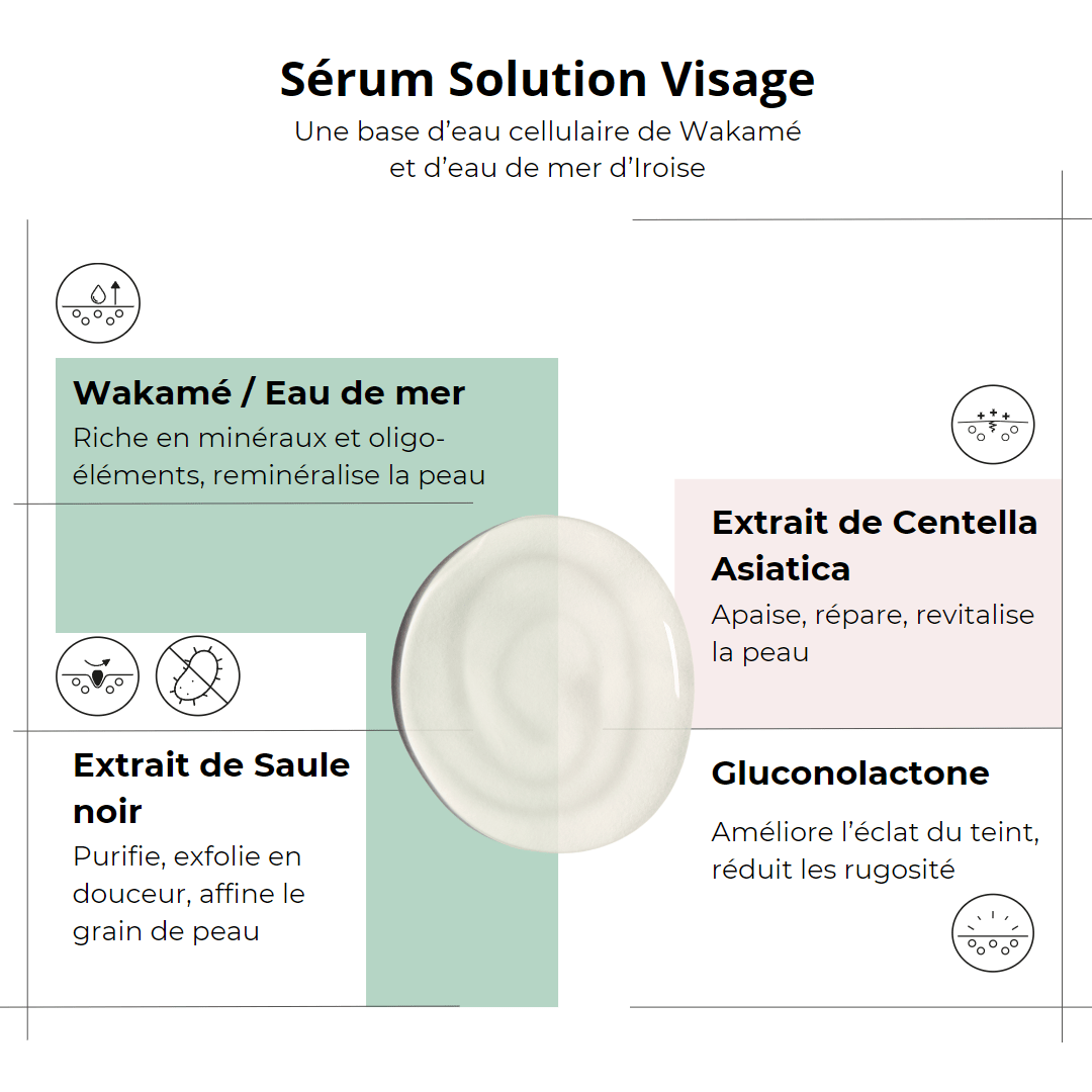 Les actifs du Sérum solution Visage : Wakamé breton, Centella, BHA végétal Gluconolactone